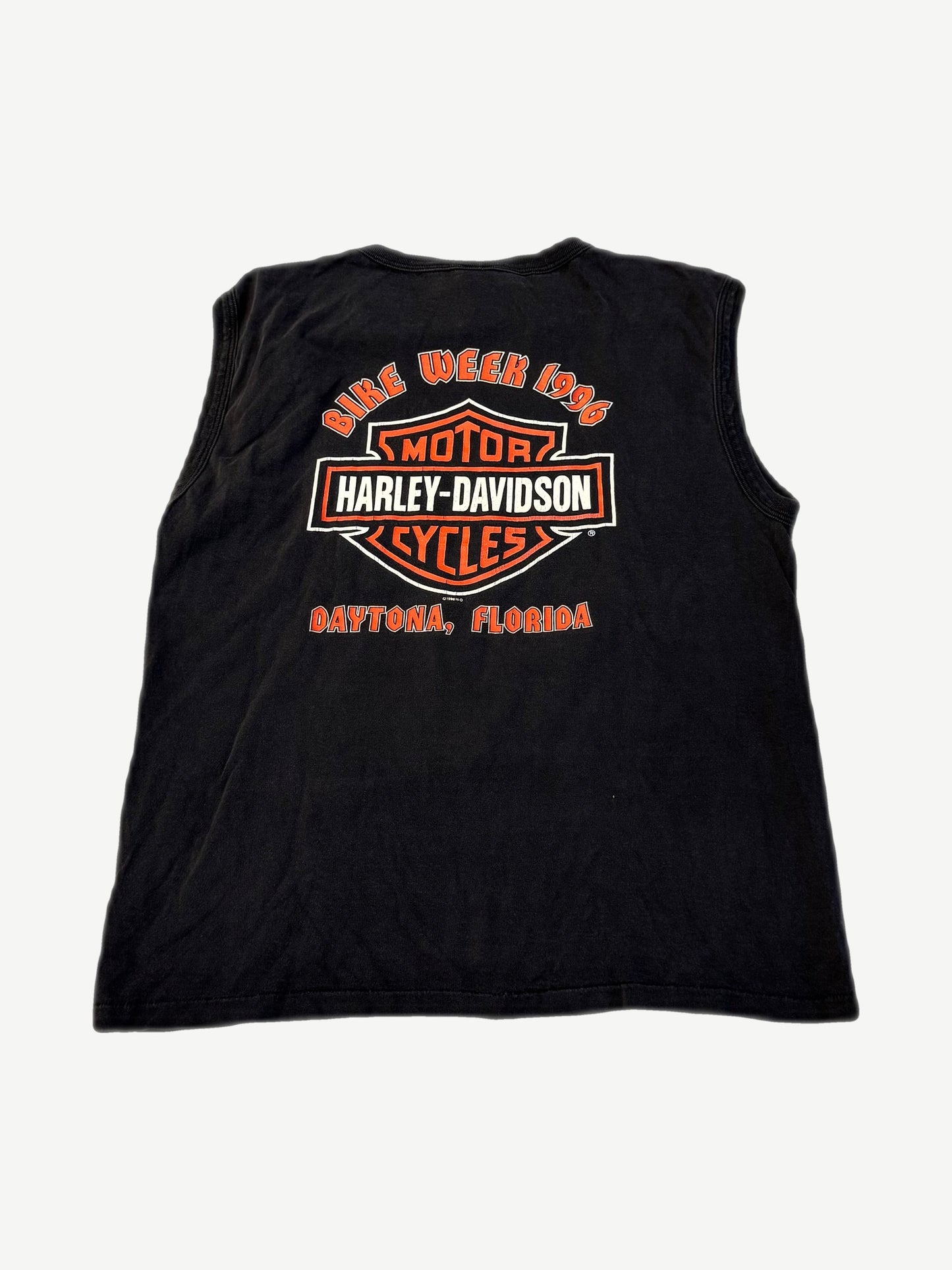 Vintage Harley Davidson Bike Week 1996 Daytona Florida sleeveless tee back print on faded black cotton
