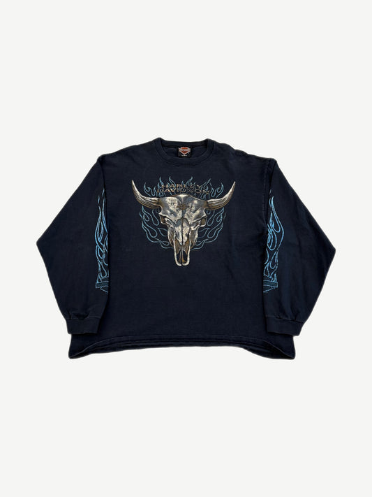 Vintage Harley Davidson Buffalo Skull Blue Flame Longsleeve