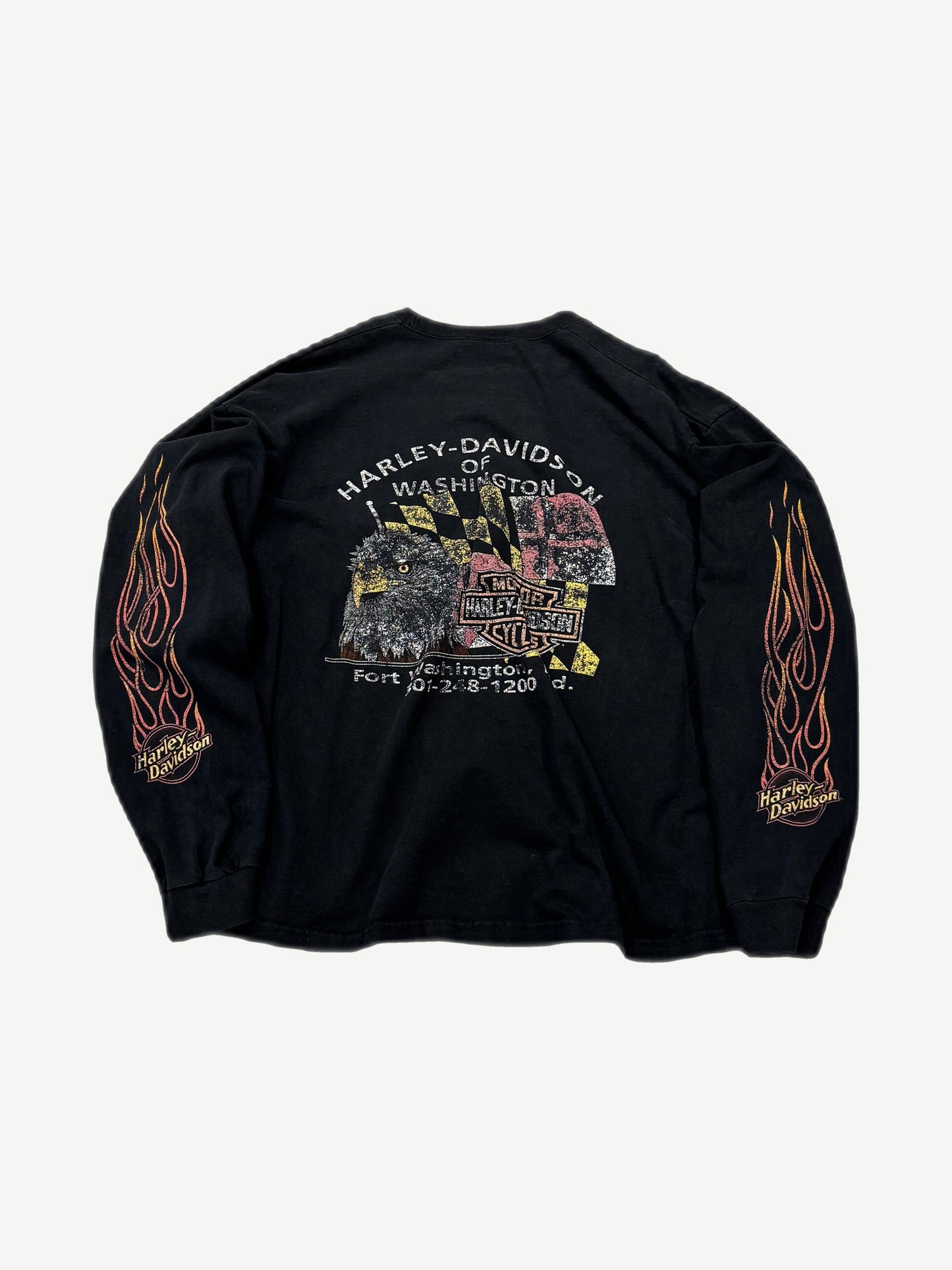 Vintage Harley-Davidson black longsleeve back with eagle, checkered flag and Fort Washington dealer print, flame sleeves.