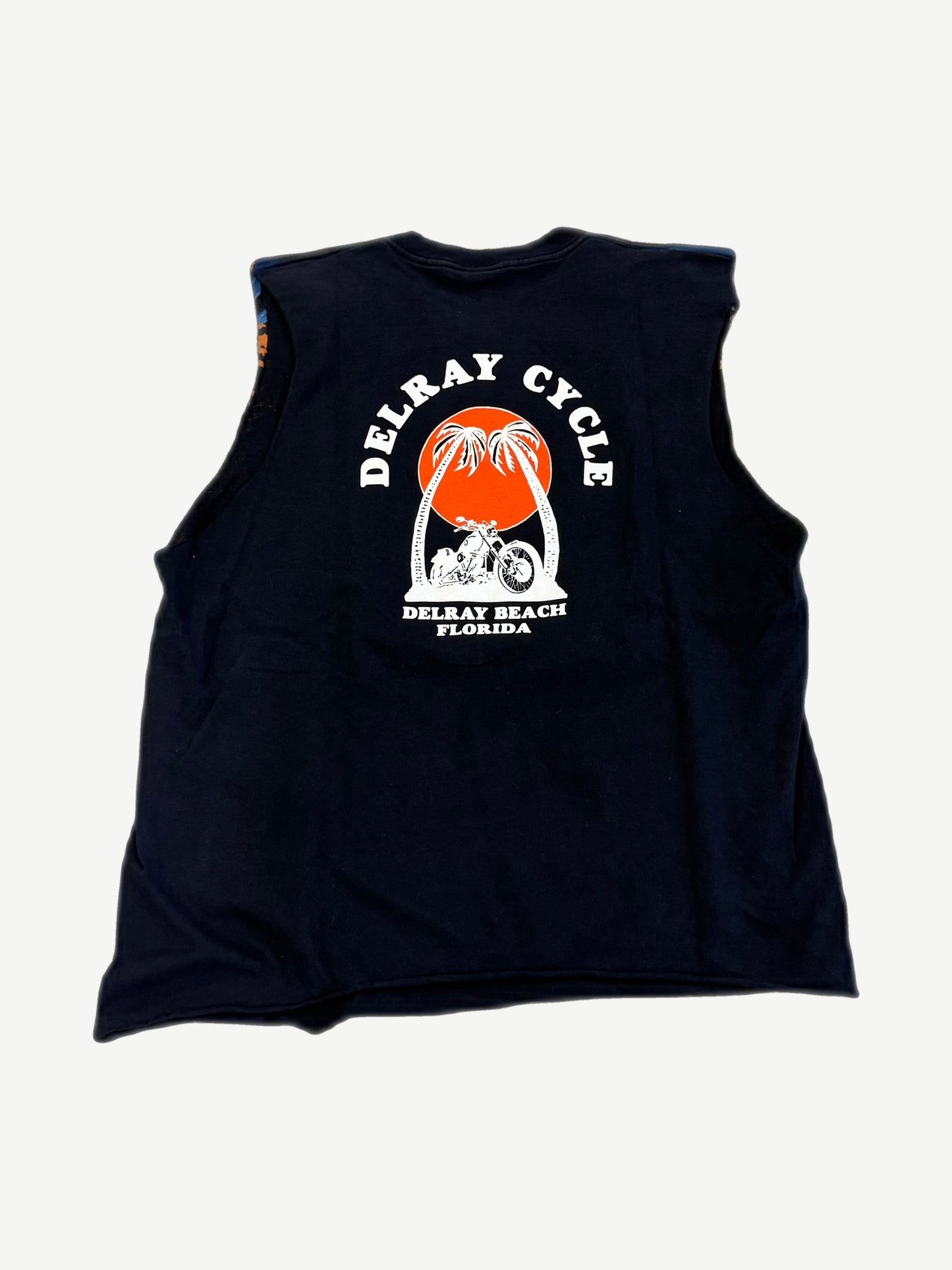 Vintage Harley Davidson sleeveless tee back with Delray Cycle Florida palm tree and chopper graphic