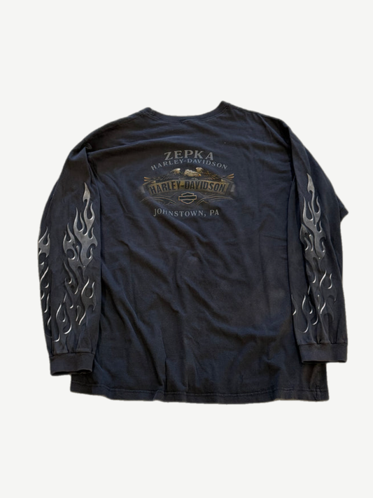 Vintage Harley Davidson longsleeve back with Zepka Johnstown PA dealer print and silver flame sleeve art.