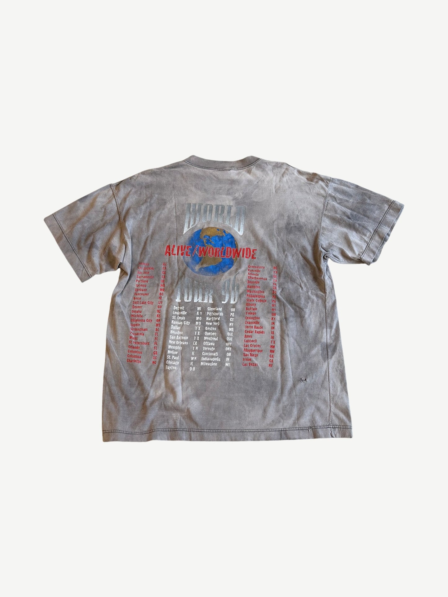Vintage Kiss Alive Worldwide World Tour tee back, faded grey with red printed tour city list around globe.
