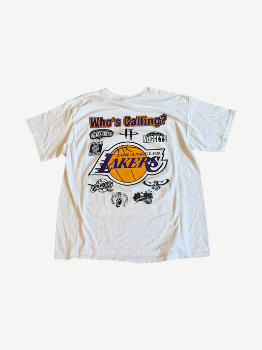 Vintage LA Lakers Royal Flush tee back view with Who's Calling NBA team logos collage print.