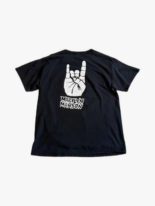 Vintage Marilyn Manson black tee back with white rock devil horns hand sign and jagged Marilyn Manson logo print.