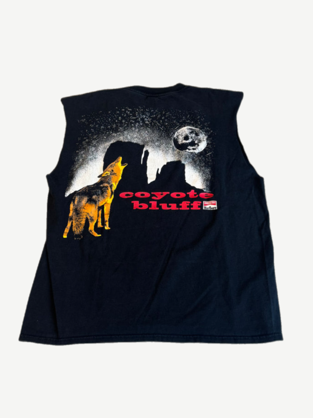 Vintage Marlboro Coyote Bluff cutoff tee back view with coyote howling at moon and red coyote bluff text
