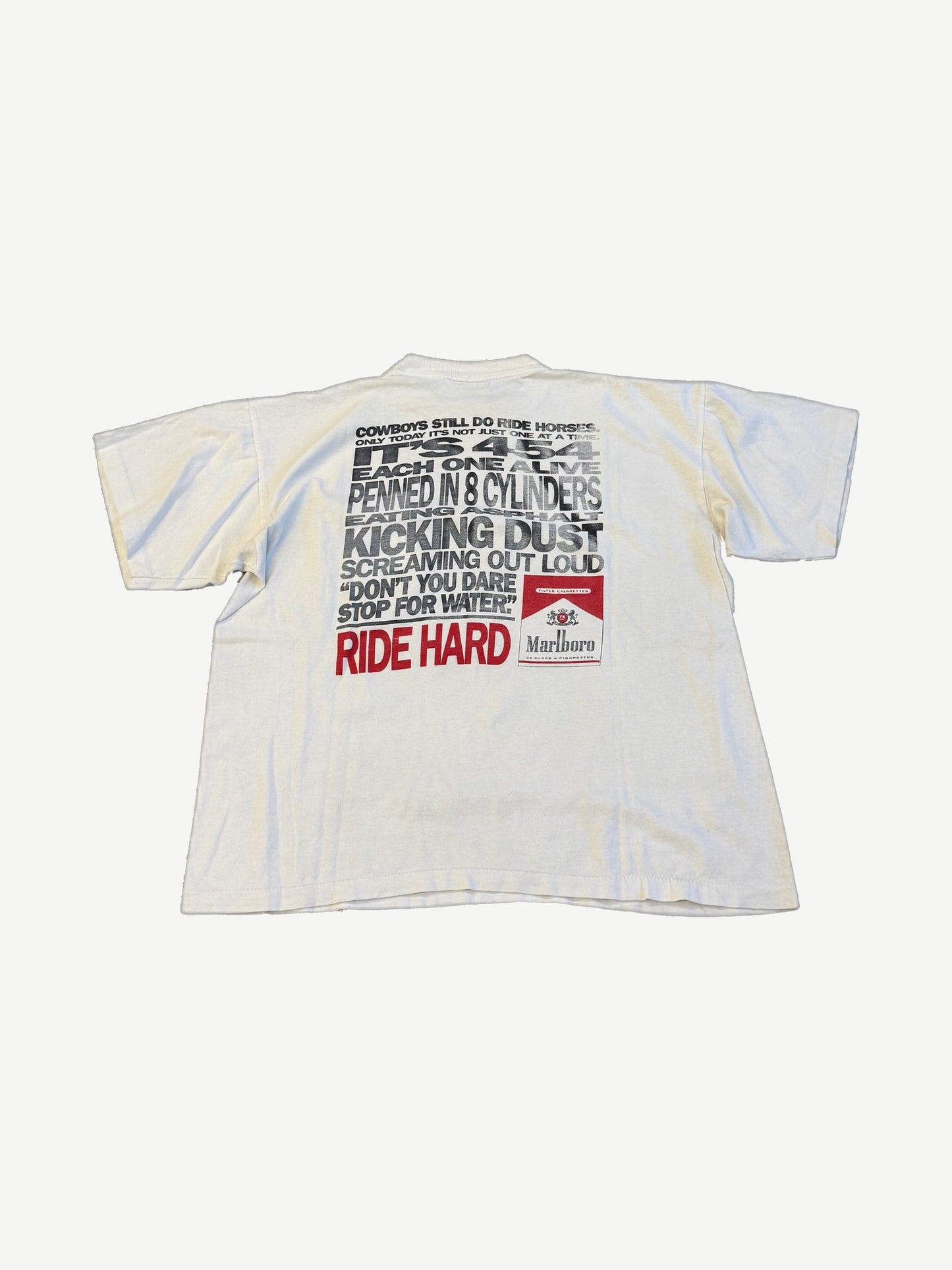 Vintage Marlboro Ride Hard white tee back with bold cowboy quote and Marlboro pack graphic
