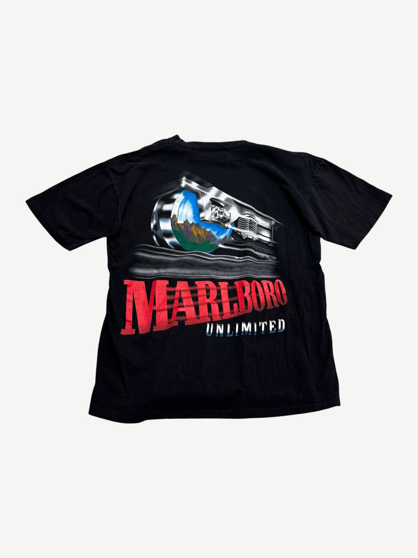 Vintage Marlboro Unlimited black tee back view with chrome train graphic and red Marlboro Unlimited logo