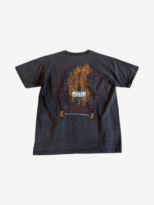 Vintage Metallica tour tee back with fingerprint skull graphic and 1992 North American tour city list