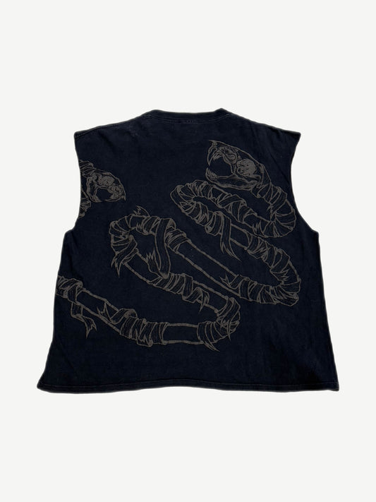 Vintage Metallica Pushead allover print tee back, sleeveless black tee with tonal serpent and skeleton graphics.