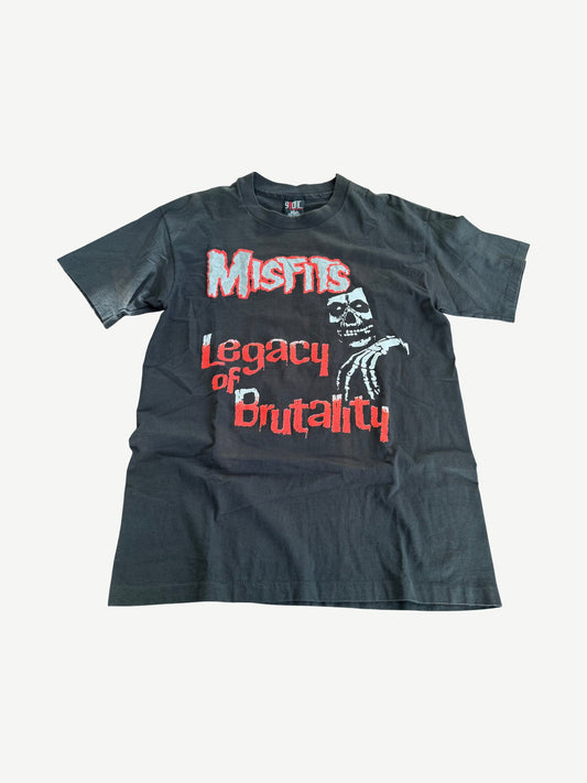 Vintage Misfits black tee, back view with faded album tracklist print and worn cotton texture