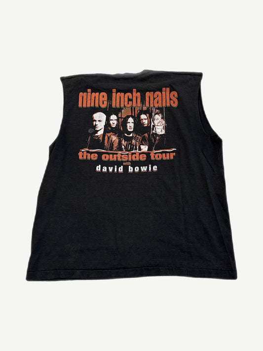 Back of vintage NIN Outside Tour cutoff tee featuring band portrait with David Bowie tour artwork
