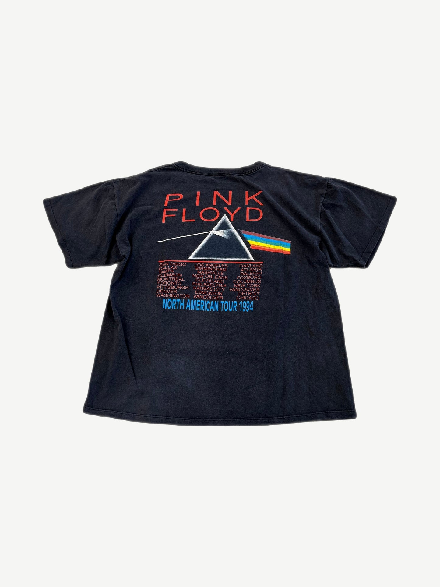 Vintage Pink Floyd Division Bell tee back showing prism graphic and 1994 North American tour cities.