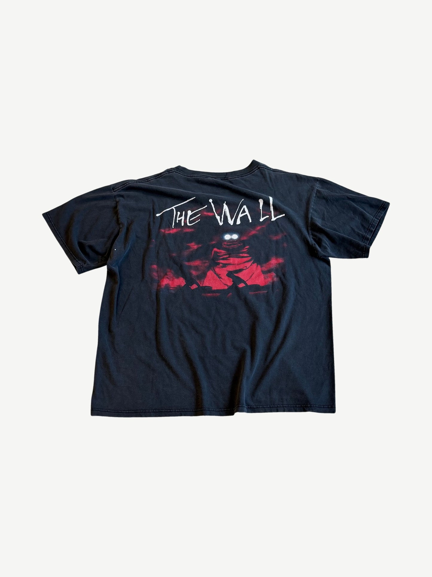 Vintage Pink Floyd The Wall tee back view with handwritten title text and red schoolmaster figure print