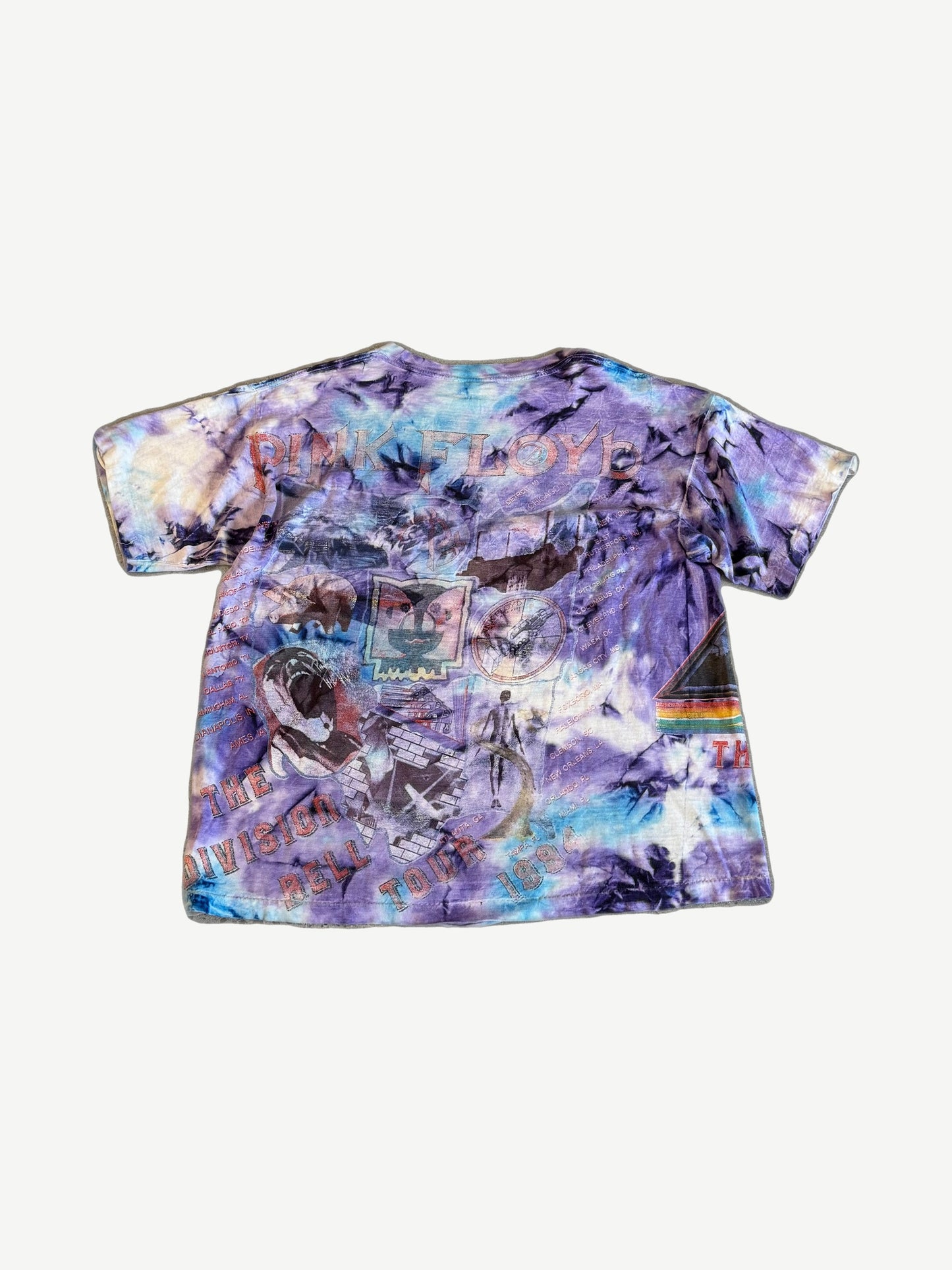 Vintage Pink Floyd Division Bell 1994 tour tee back tiedye with collage of tour artwork and venues.