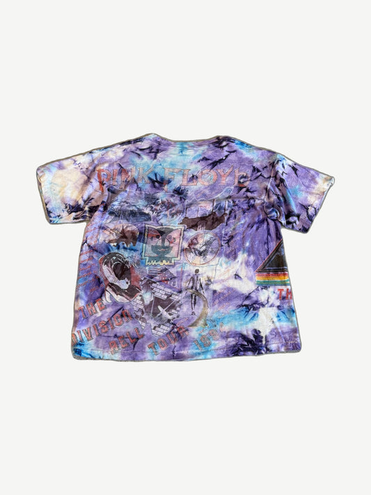 Vintage Pink Floyd Division Bell 1994 tour tee back tiedye with collage of tour artwork and venues.