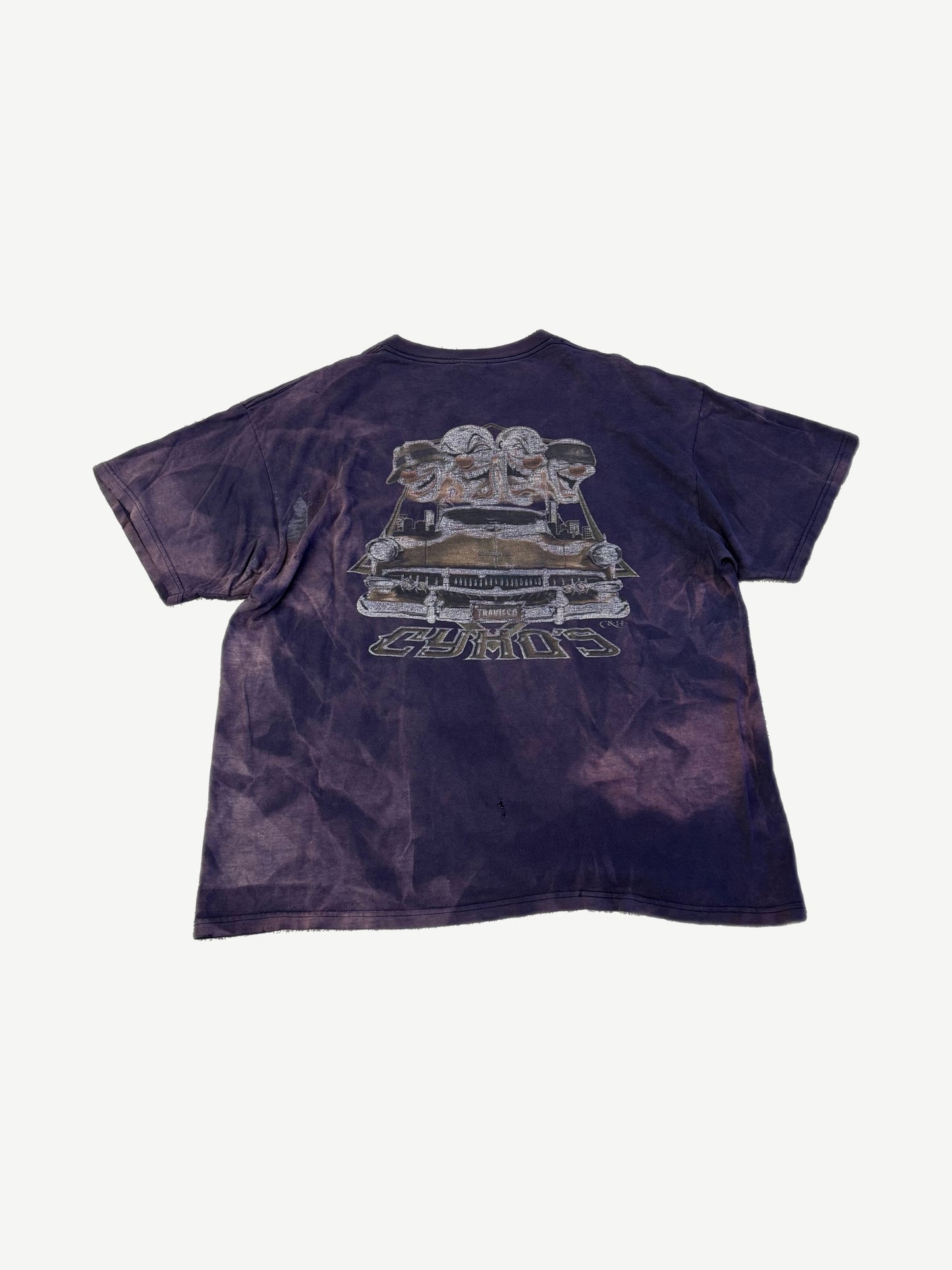 Vintage Cyko's Lowrider purple tee back graphic of three-face lowrider car with Cyko's text logo