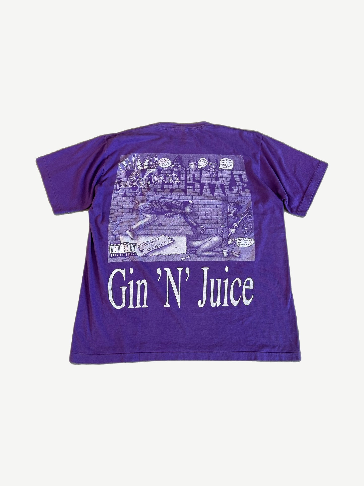 Back of vintage purple Snoop Dogg tee with Doggystyle artwork and Gin N Juice white serif text