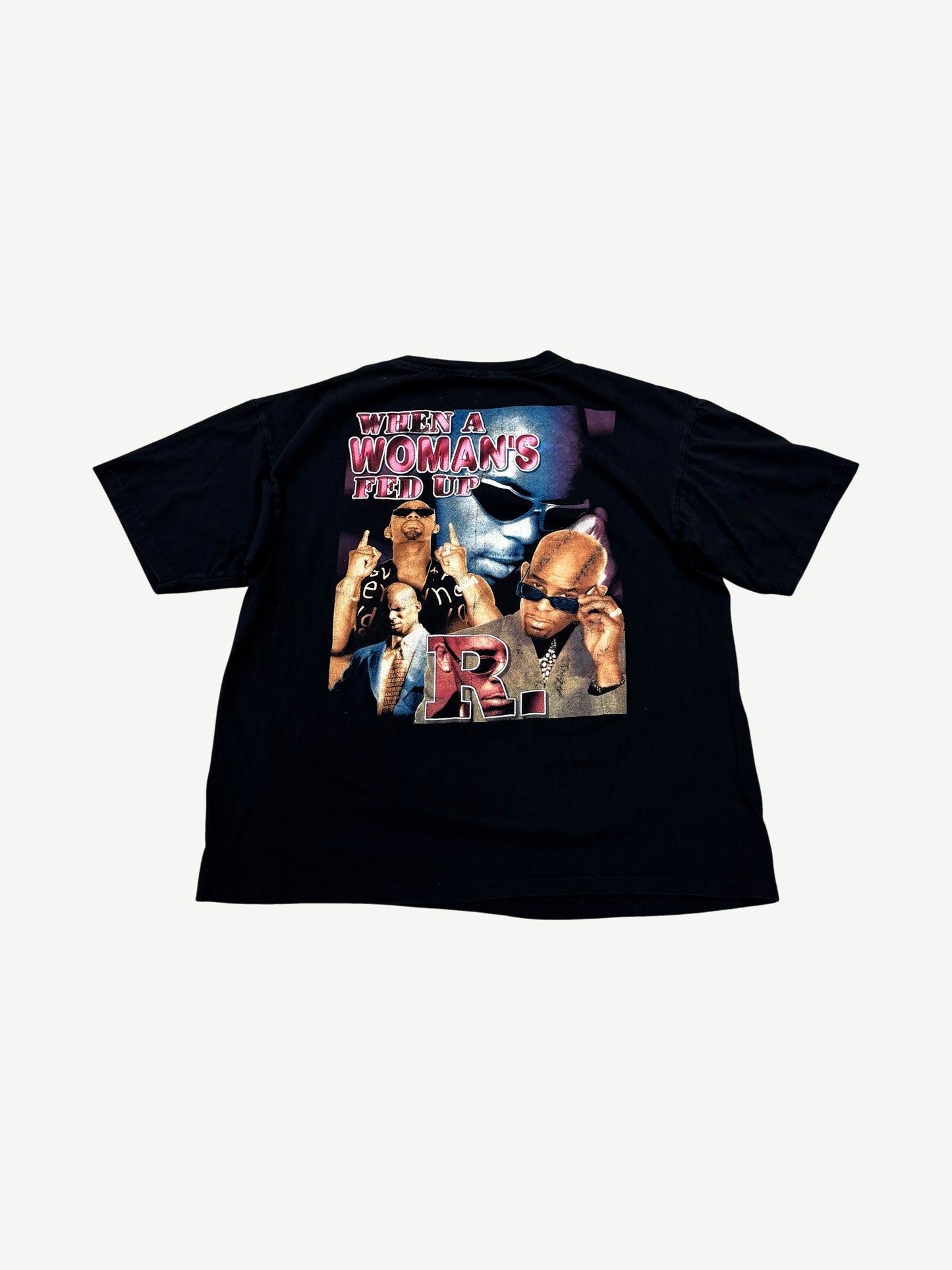 Vintage R Kelly black rap tee back print reading When a Womans Fed Up with collage portrait graphic.