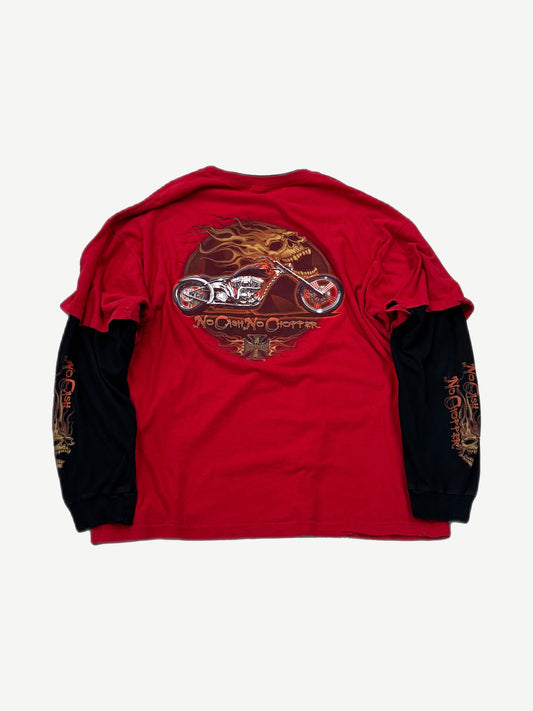 Back of vintage West Coast Choppers red double-layered thermal long sleeve showing waffle-knit texture.