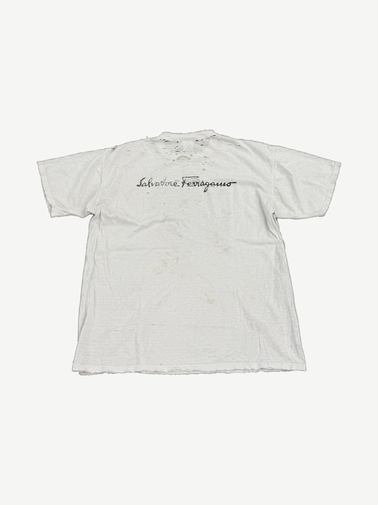 Vintage Salvatore Ferragamo Firenze tee back view in distressed white with script Ferragamo logo print