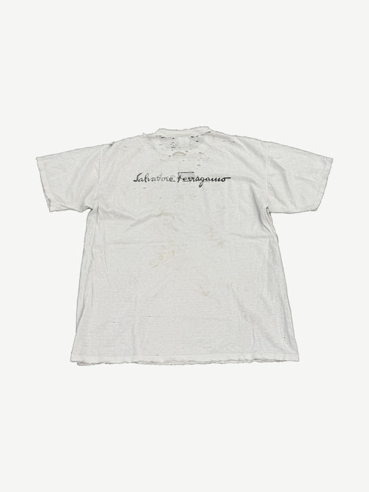 Vintage Salvatore Ferragamo Firenze tee back view in distressed white with script Ferragamo logo print