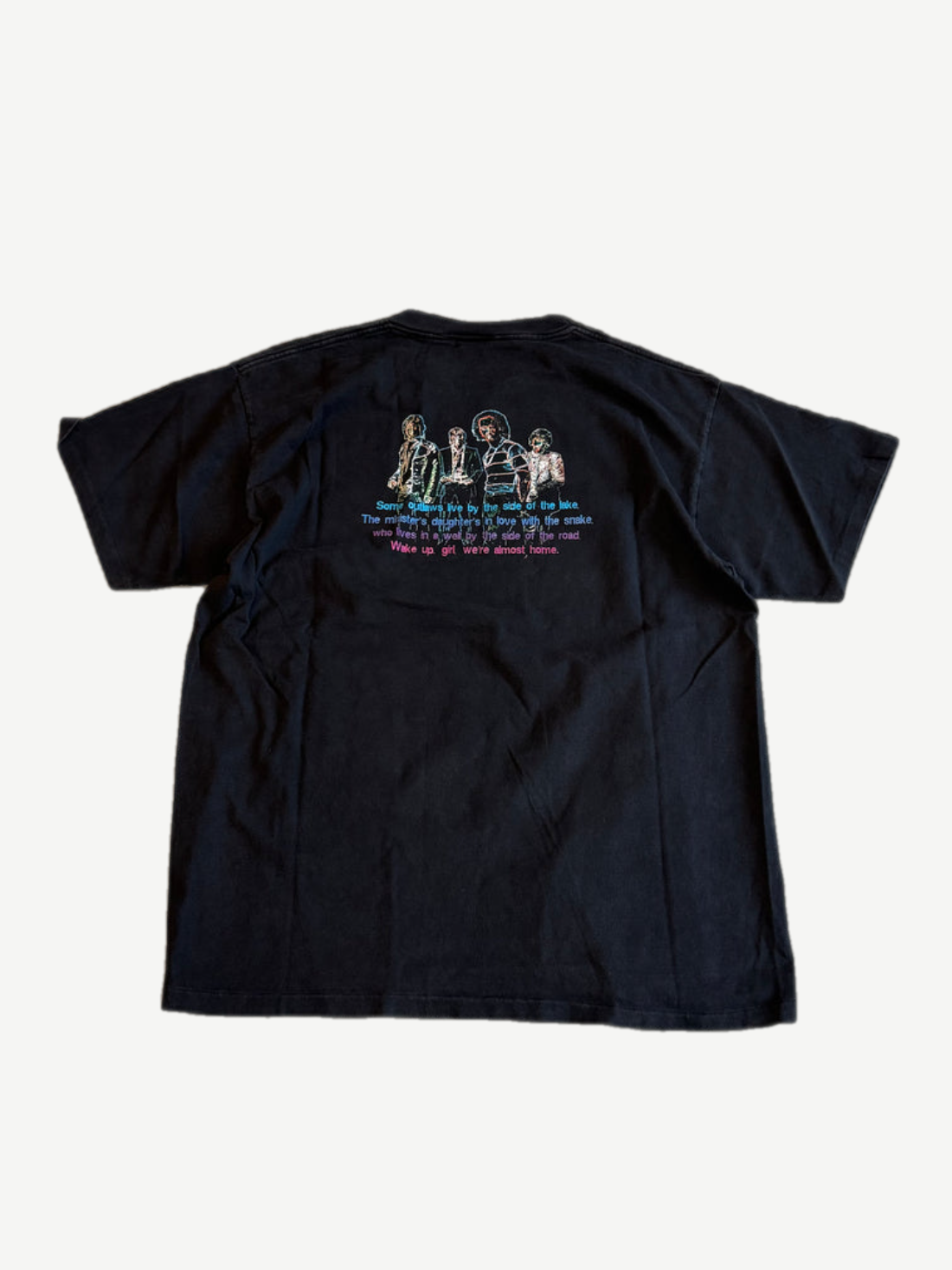 Vintage The Doors black band tee back view with small song lyric print and four band member illustration