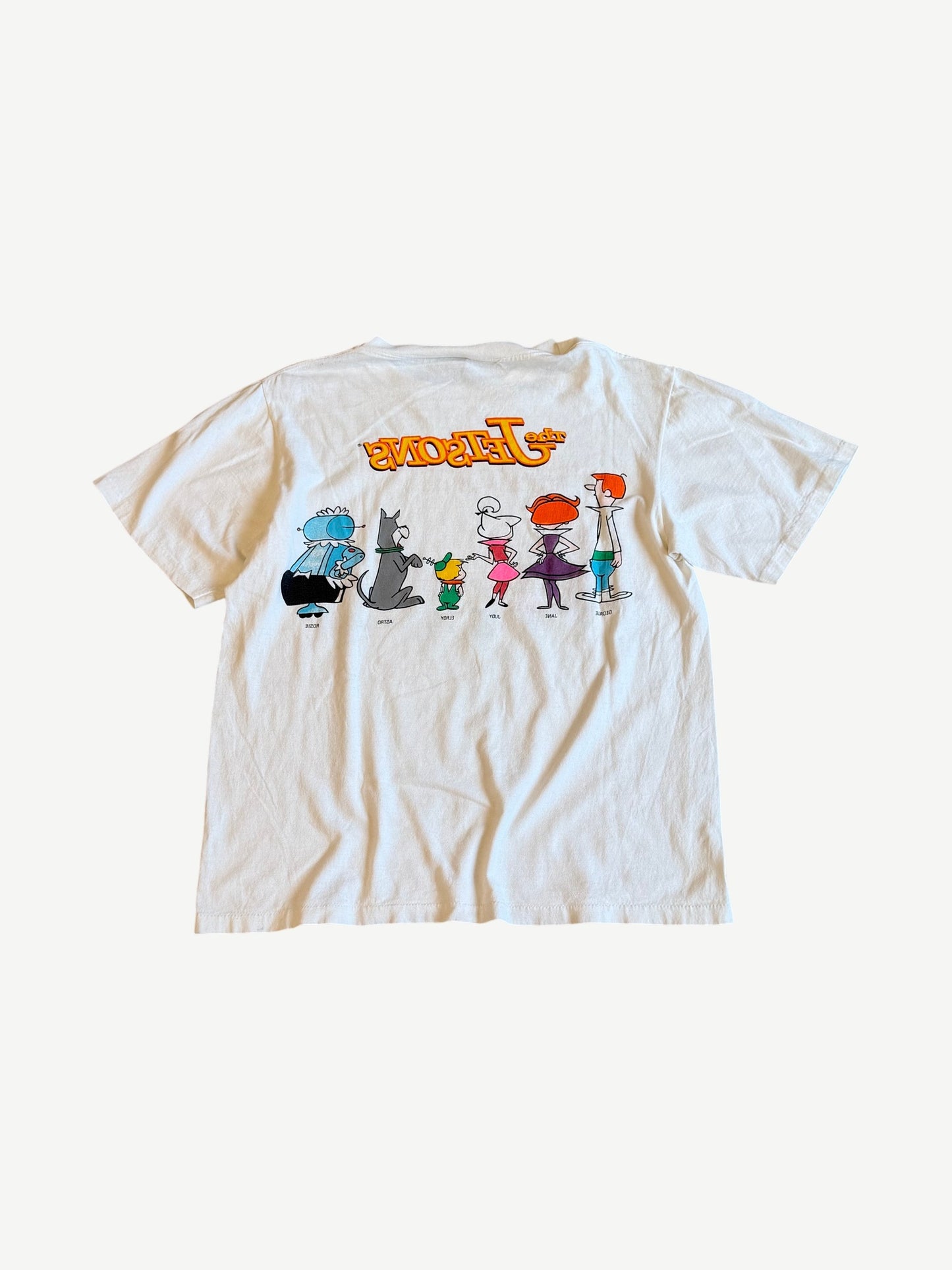 Reverse side of vintage white The Jetsons cartoon family tee shown with mirrored character lineup print