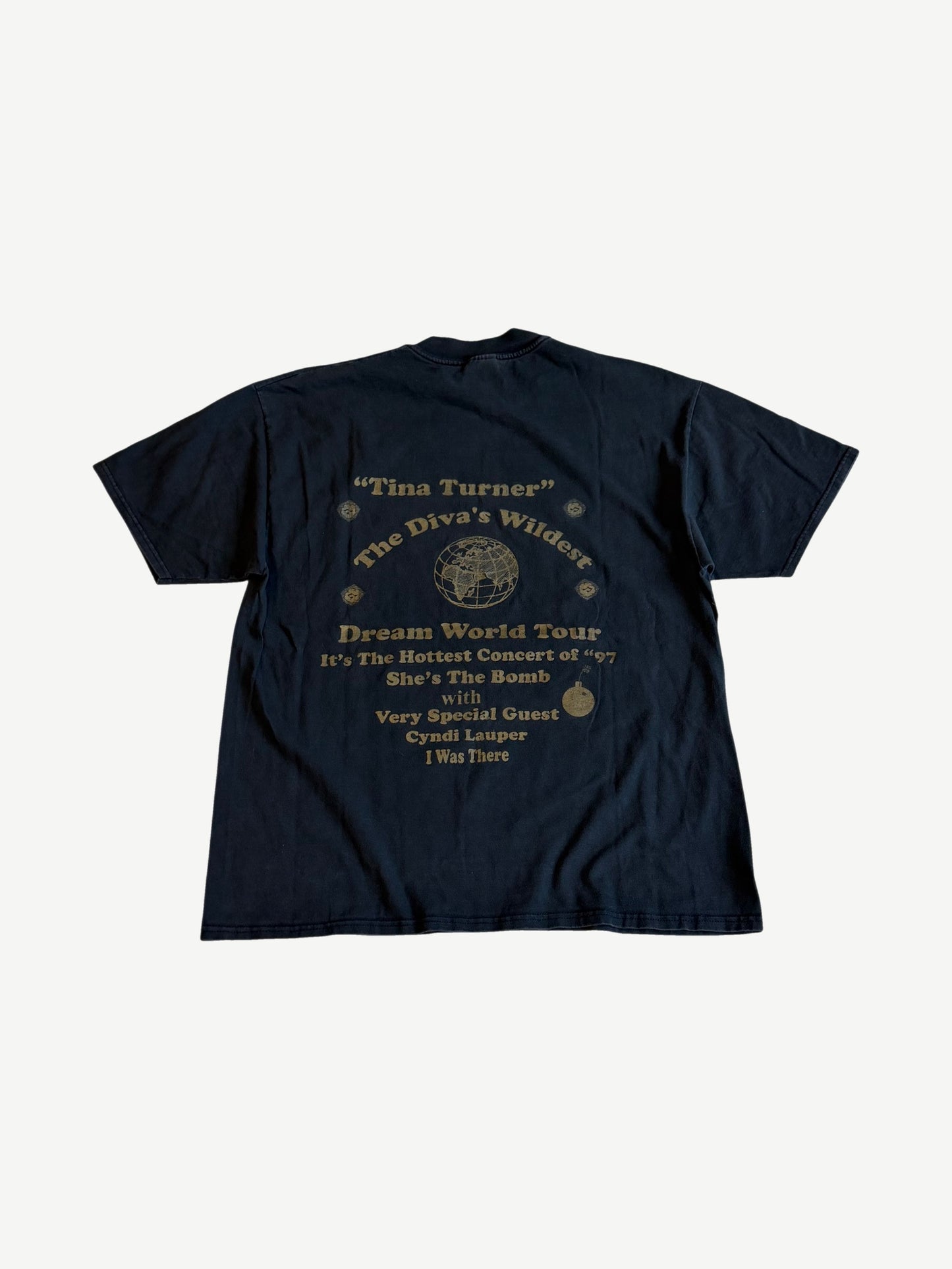 Vintage Tina Turner Wildest Dreams Tour tee back with gold globe graphic and Cyndi Lauper guest tour text