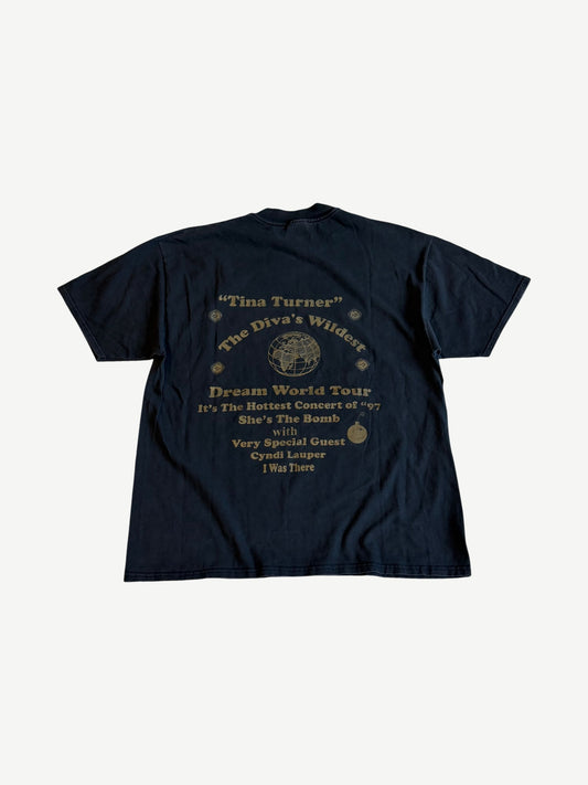 Vintage Tina Turner Wildest Dreams Tour tee back with gold globe graphic and Cyndi Lauper guest tour text