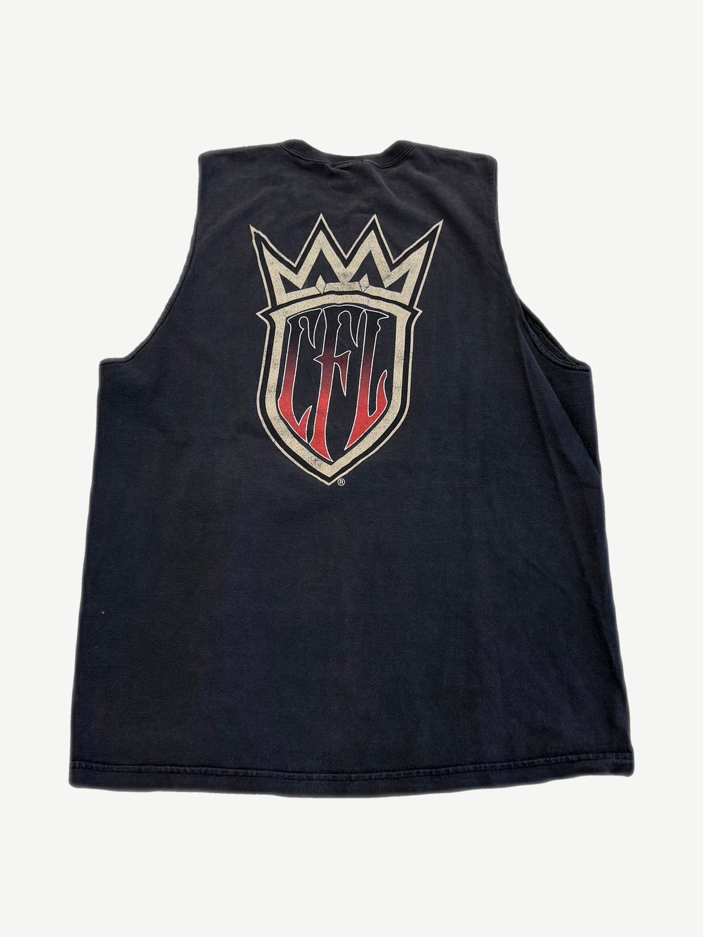 Vintage West Coast Choppers cutoff tee back with large CFL Choppers For Life crown shield graphic