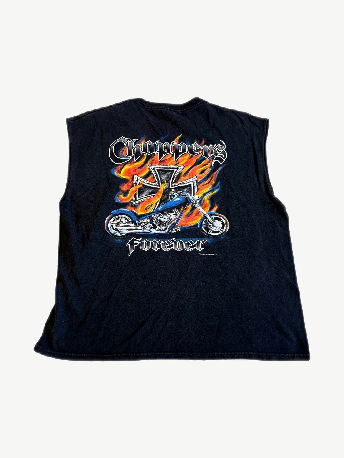Vintage West Coast Choppers cutoff tee back view in distressed black with chopper graphic and raw cut sleeves