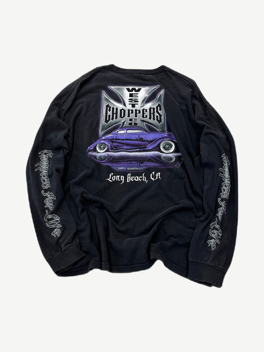 West Coast Choppers longsleeve back graphic of purple low rider car under chrome cross and Long Beach script.