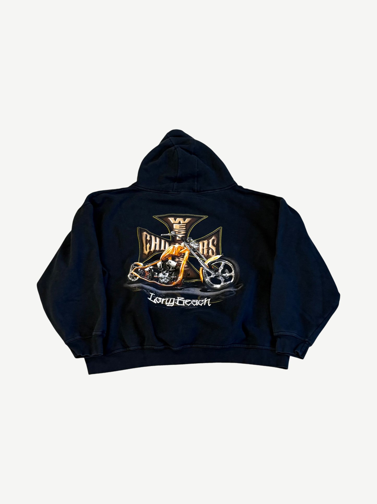 Vintage West Coast Choppers black hoodie back with orange chopper motorcycle and Long Beach script graphic