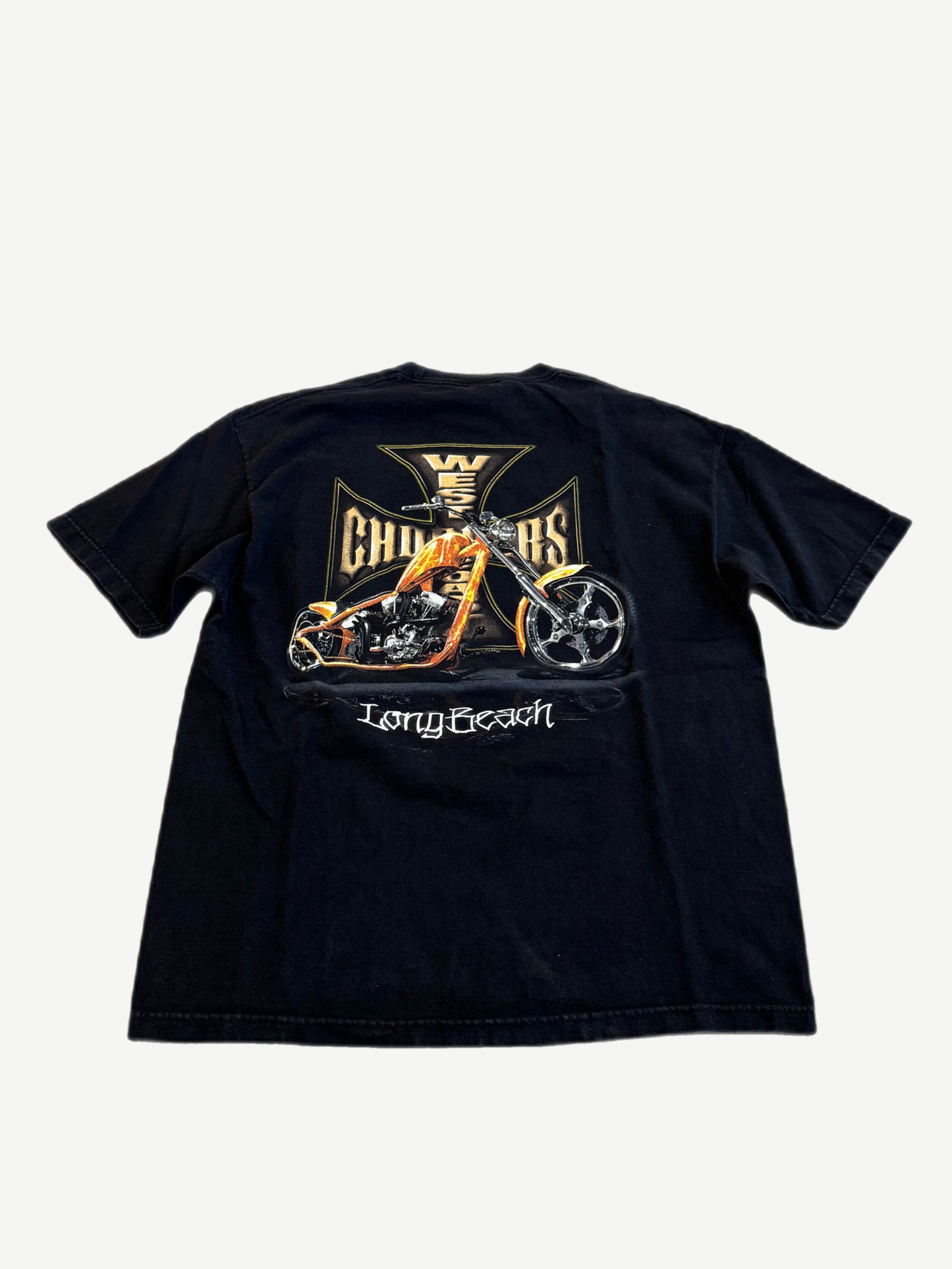 Vintage West Coast Choppers black tee back with orange chopper motorcycle and Long Beach script print