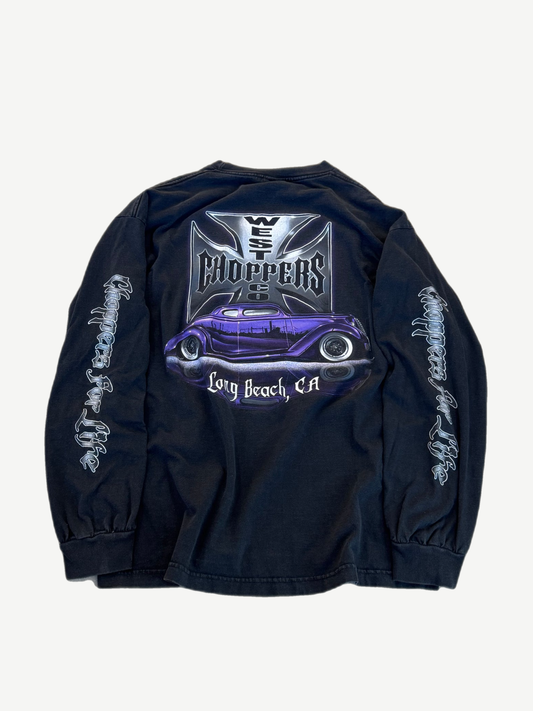 West Coast Choppers black longsleeve back with purple lowrider hot rod print and Long Beach text.