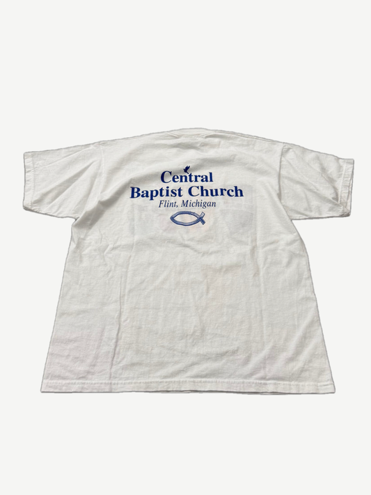 Back of vintage white WWJD tee with Central Baptist Church Flint Michigan print and Ichthys fish symbol