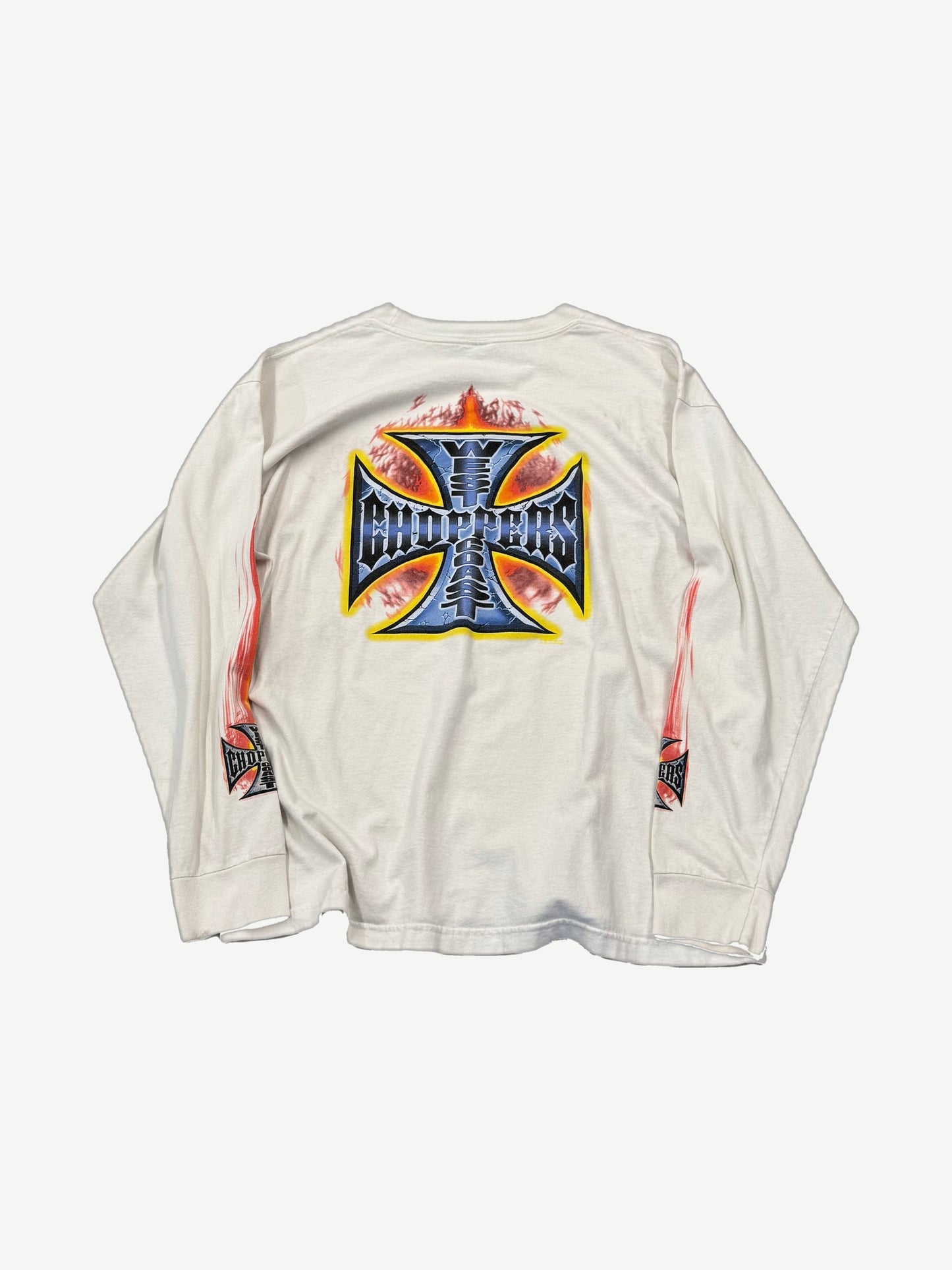 Vintage West Coast Choppers white longsleeve back with large iron cross logo graphic and flame sleeves