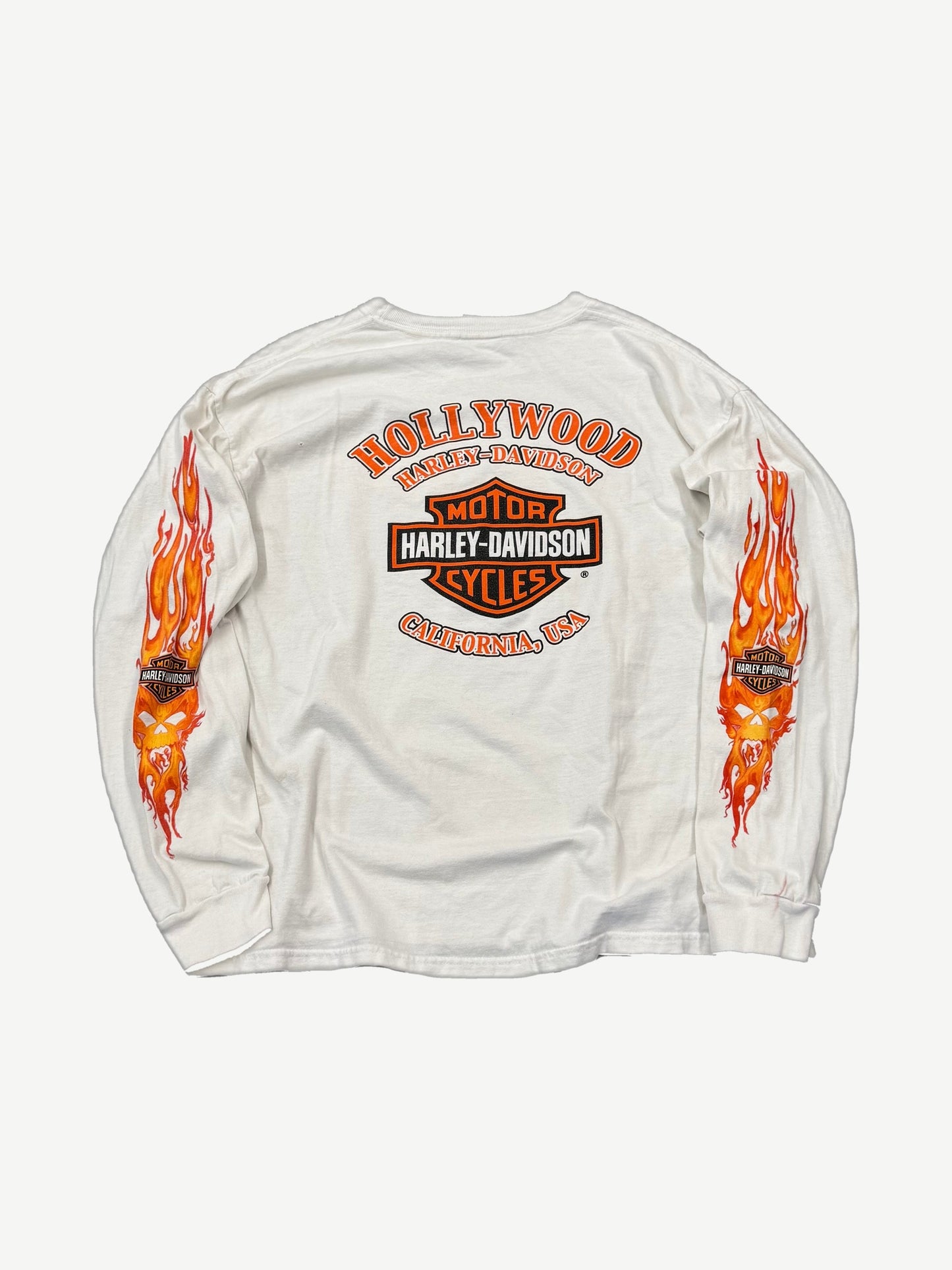 Vintage Harley-Davidson Hollywood California longsleeve back print with bar-and-shield logo and flame sleeve graphics.