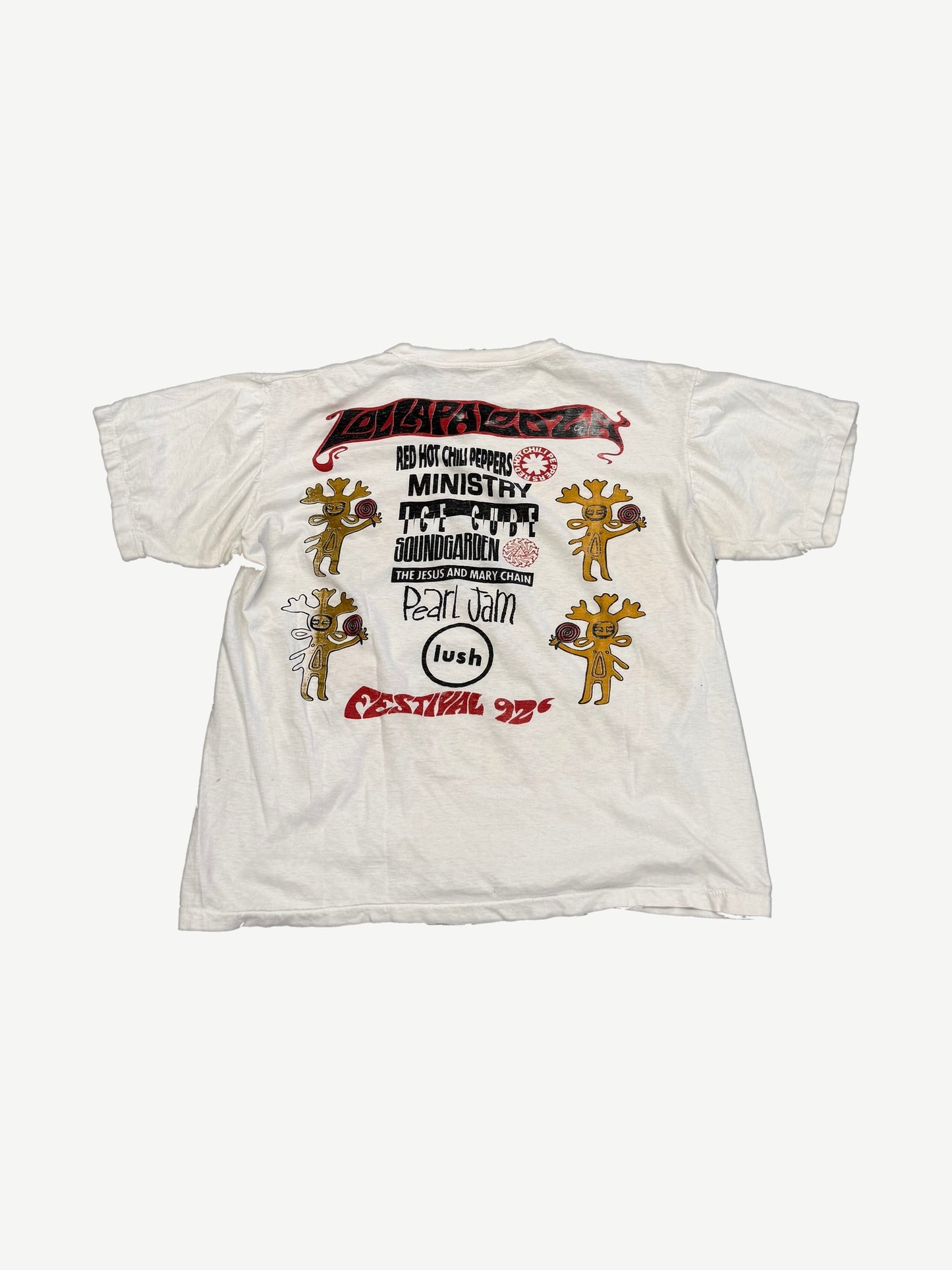 Vintage Lollapalooza 1992 tee back with Red Hot Chili Peppers, Ministry, Soundgarden, Pearl Jam lineup