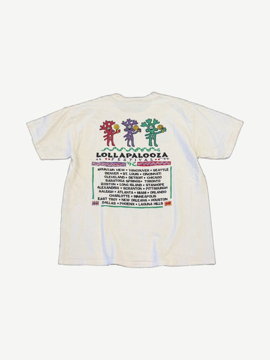 Vintage Lollapalooza 1992 white tee back, colorful folk figures over US tour city list including Seattle and Chicago.