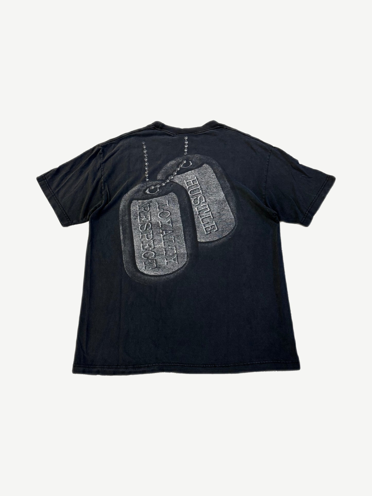 Vintage WWE John Cena tee back with large Hustle Loyalty Respect dog tag graphic on chain print