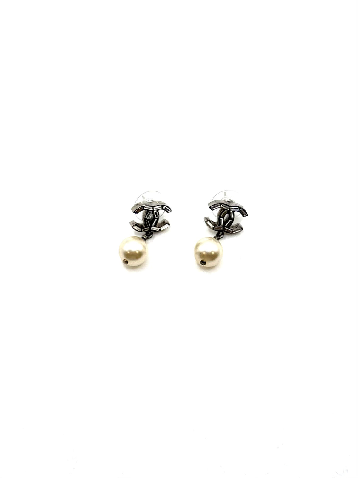 Chanel Silver Pearl CC Logo Earrings