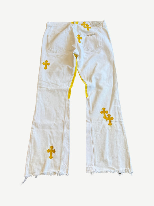 1/1 OBJ Custom Chrome Hearts Gallery Dept White Yellow Cross Patch Flare Jeans