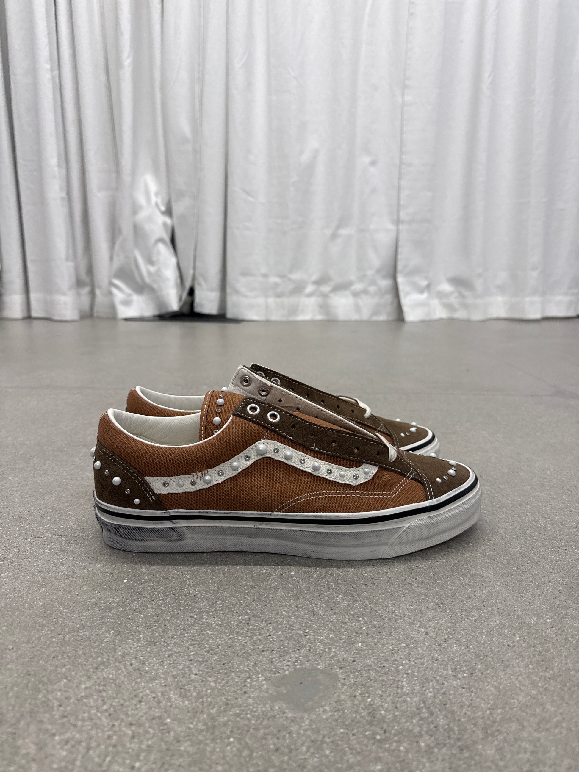 Vans LX Old Skool 36 cocoa brown sneakers side profile with pearl-studded jazz stripe and white sole