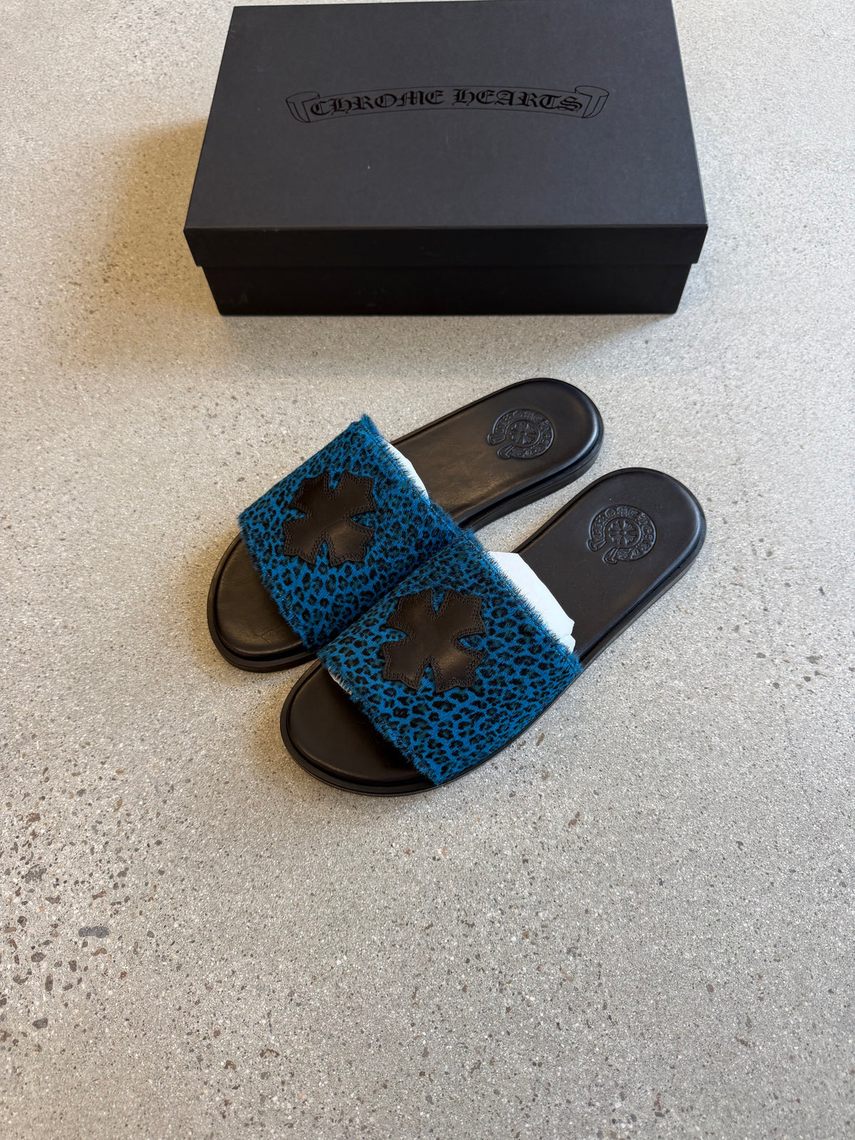 Chrome Hearts Plus Cross Patch Blue Leopard Slides
