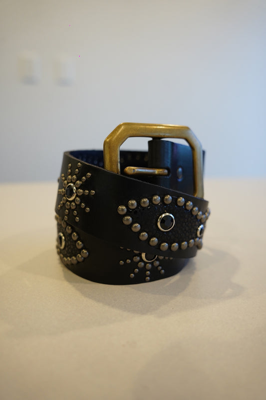 Vintage black studded leather belt with double row pyramid studs and silver roller buckle hardware