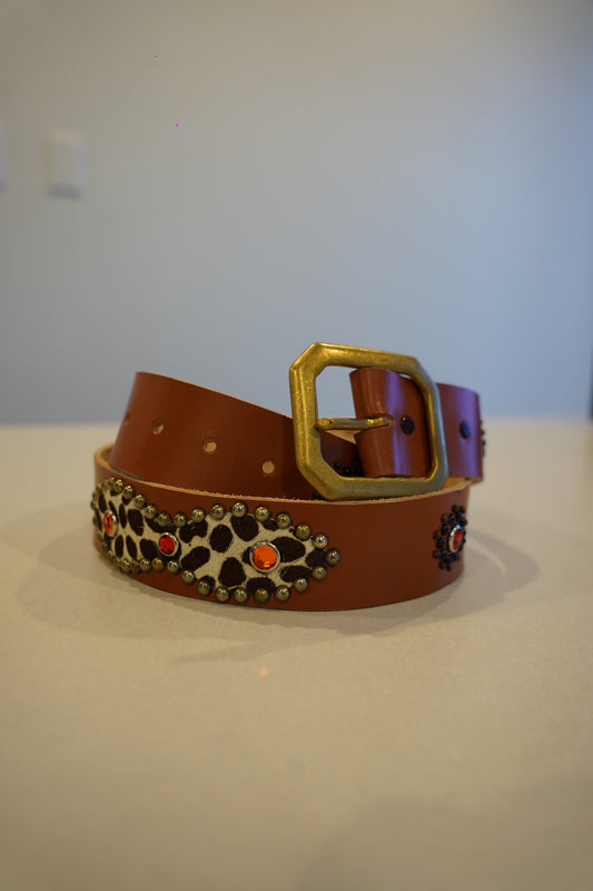 Vintage Brown Cheetah Studded Leather Belt