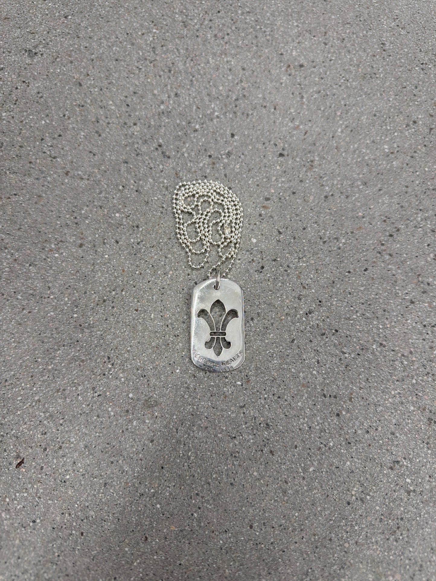 Chrome Hearts sterling silver Fleur dog tag pendant with fleur-de-lis cutout on ball chain
