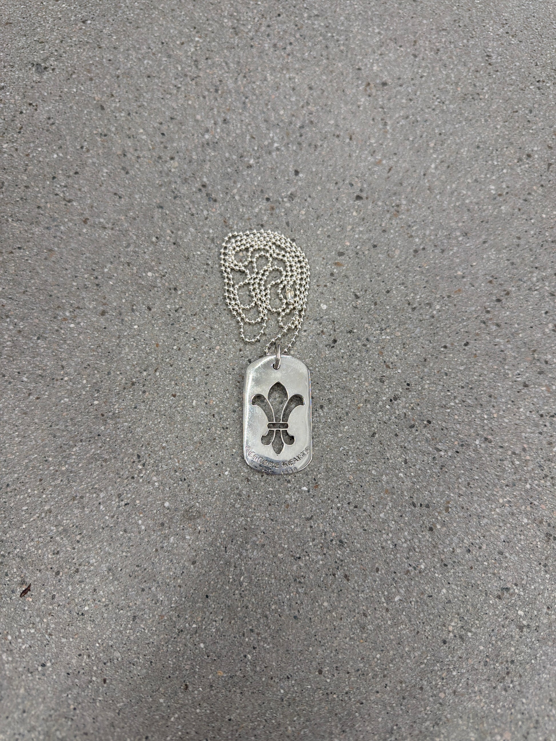 Chrome Hearts sterling silver Fleur dog tag pendant with fleur-de-lis cutout on ball chain