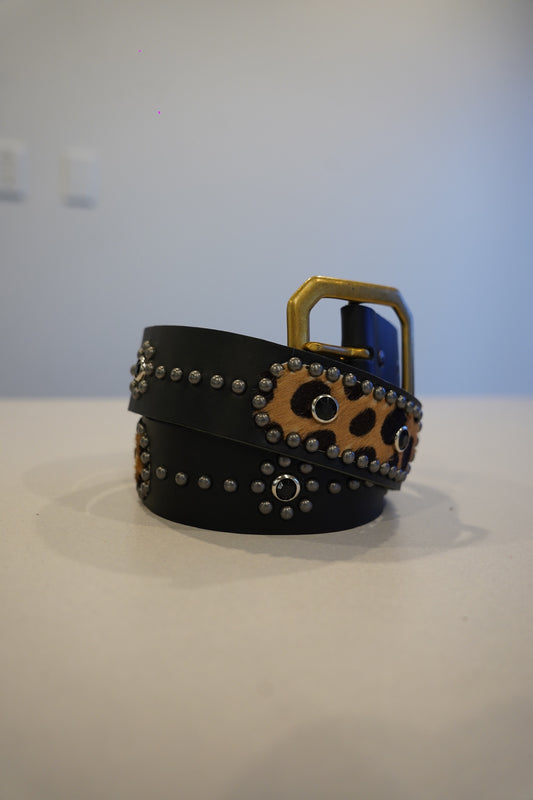 Vintage black leather belt coiled with cheetah pony hair patches, silver studs and brass square buckle